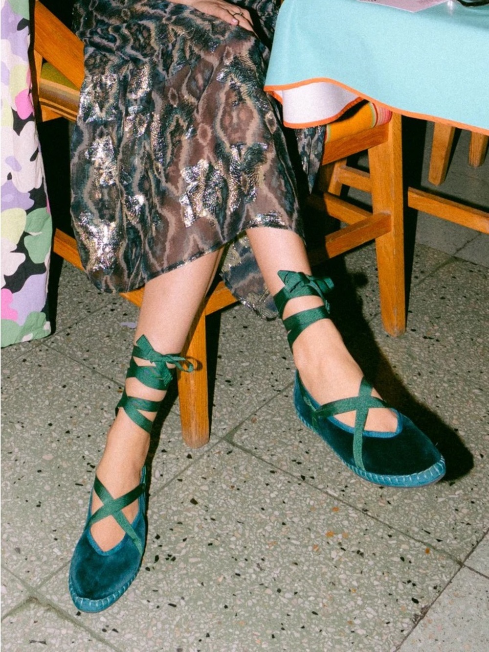 Velvet Lace-Up Ballet Flats in Green
